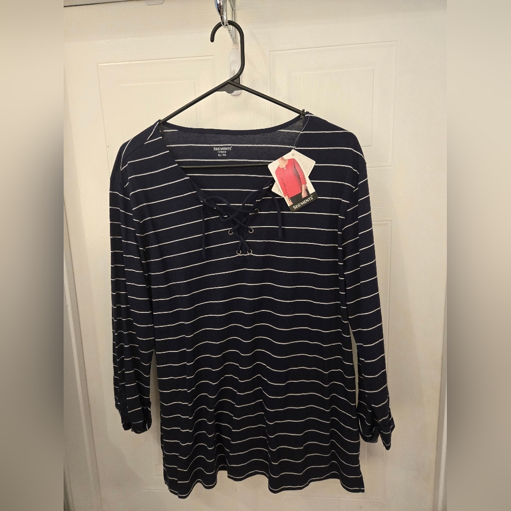 XL Navy Nautical Short Sleeve Blue White Cotton Striped V Neck Lace-Up Top